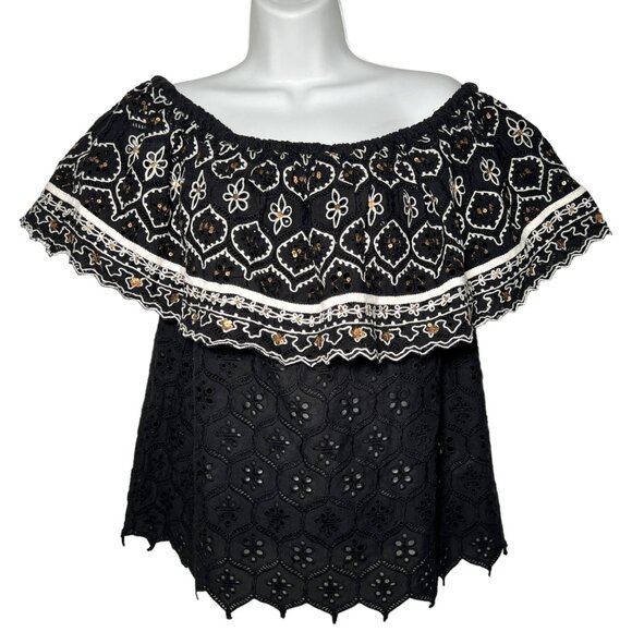 NWT Hemant and Nandita Mavra Off Shoulder Blouse Black White Sequin Embroidery M - Picture 5 of 13